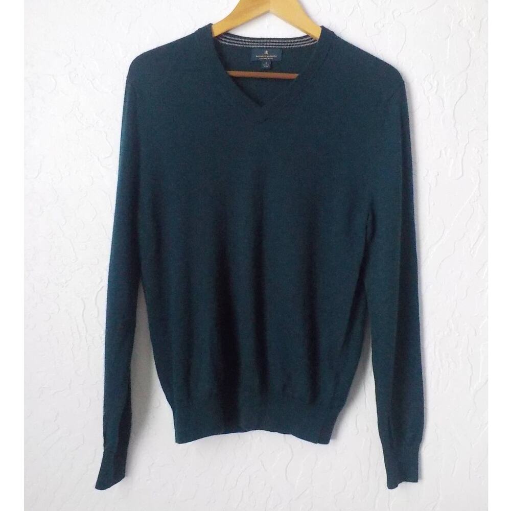 Brooks Brothers Green Sweater Extra Fine Merino Wool Men Small V-Neck *hole*